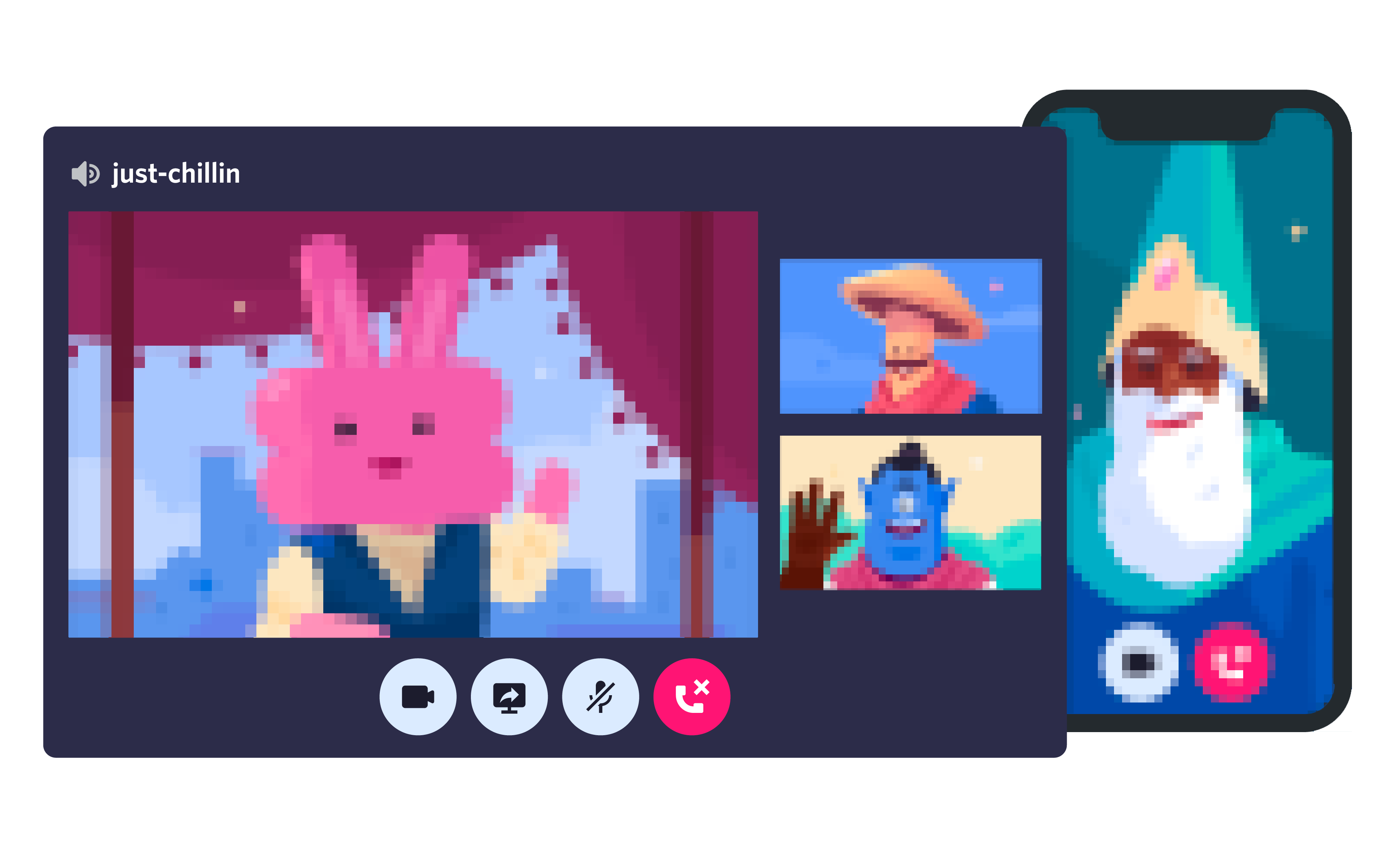 Stylized image showing friends video talking with each other on desktop and mobile.