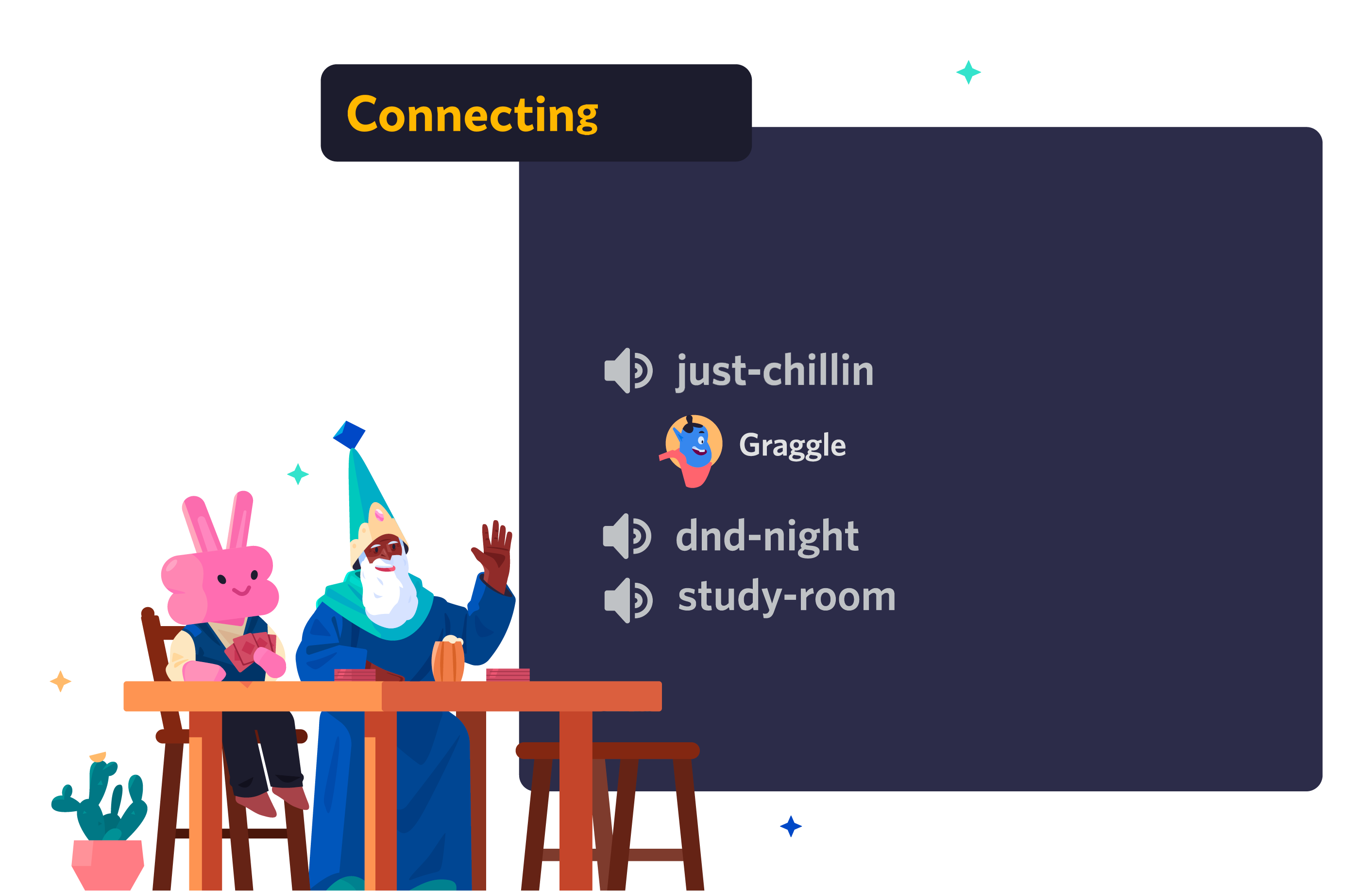 Stylized image of a Discord server with multiple channels for studying, games, cooking, and pet photos.
